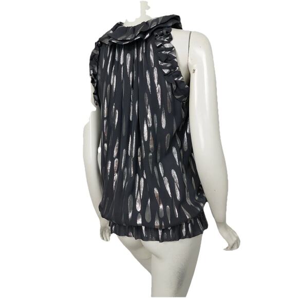 ST JOHN SoCa Charcoal Gray Silver Metallic Silk Tie Neck Sleeveless Top Small E2 - Picture 3 of 9